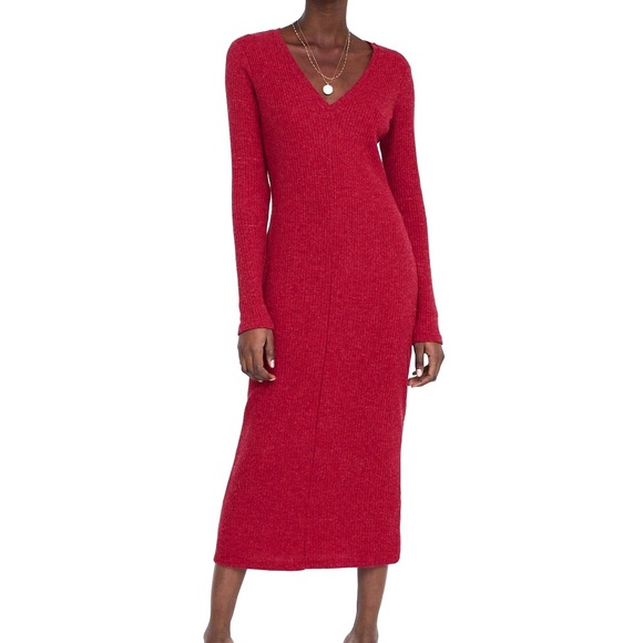 Zara Red Ribbed Long Sleeve Midi Dress 